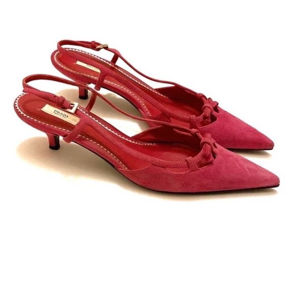 Prada Shoes - PRADA Pointed Slingback Pink Suede Kitten Heel